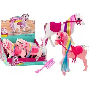 LEANToys figurine horse with colorful mane, pink saddle and brush, white-pink farm toy