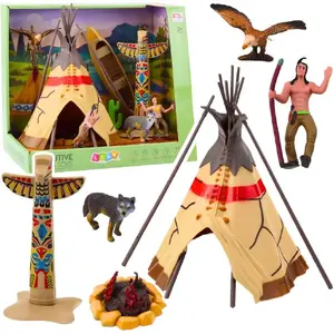 LEANToys Indiāņu ciema komplekts — indiāņu figūriņas, tipi telts, kajaks un totems (modelis 24300)