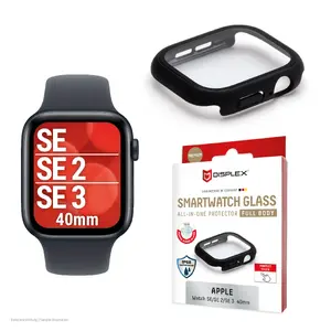 Aizsargstikls PanzerGlass Displex 10H Apple Watch SE3/SE2/SE (40 mm) — pilna korpusa, IP68, snap-on, melns matēts