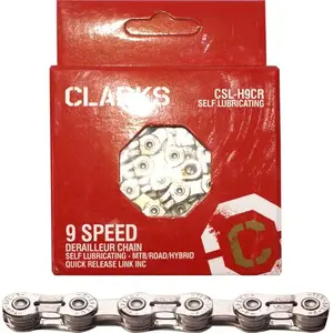 Velocikla ķēde Clarks CSL-H9CR — 9 ātrumi, 1/2" x 11/128", 116 posmi, 6.4 mm, pašsmežojoša, hromēta, ar skavu