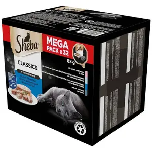Mitrais kaķu barība Sheba Pate — baltā zivs/zivs/lasis/tunzivis, 32×85 g, 10% olbaltumvielu, 81% mitrums