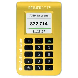 Hardware authenticator REINER SCT 2708015-000 — AAA battery, SHA-1/SHA-256/SHA-512, 5 years, 62.5×19×102 mm, white/yellow