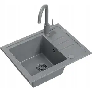 Granite kitchen sink BEN 116 silver stone 55×44 cm with fixed-spout grey faucet, grey siphon and grey cover