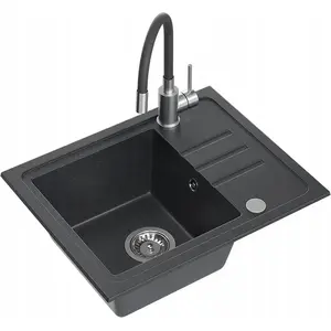 Granite sink BEN 116 black dotted 55x44 cm with black flexible-spout faucet, steel siphon and cover
