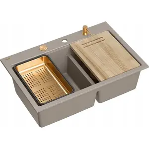 Kitchen sink GraniteQ MARC 120 WORKSTATION 2-bowl granite 760×500×235 mm soft taupe with push-to-open siphon, dispenser, cutting board and insert