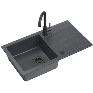 GranitеQ GO- MAX granite sink 1-bowl with drainer 77x44x17.5 cm + very black faucet + manual siphon