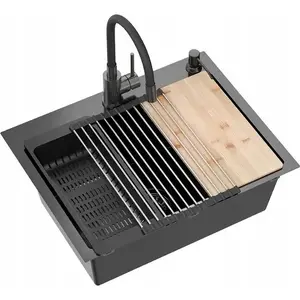 No name QUADRON LUKE 110 WORKSTATION kitchen sink black metal 1‑bowl 58×45×20 cm with siphon, Qmata, insert, dispenser, board and flexible tap