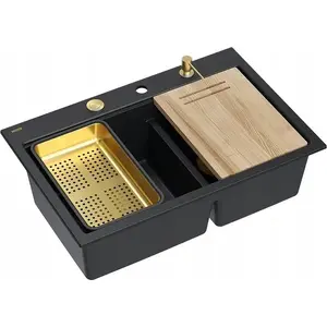 Sink GraniteQ MARC 120 WORKSTATION 2-bowl 760×500×235 mm pure carbon with push-to-open siphon, dispenser, cutting board, golden insert
