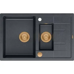 Kitchen sink GraniteQ MORGAN 156 black diamond, 1.5-bowl round, with Push To Open strainer and gold elements