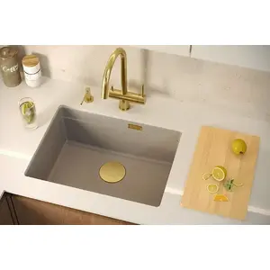 Sink GraniteQ LOGAN 100 1-bowl under-mount granite sink soft taupe 59.5×45.1×21.5 cm with manual copper siphon