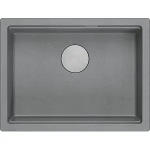 GraniteQ LOGAN 100 granite sink, silver stone finish, 59.5×45.1×21.5 cm, single-bowl, undermount with manual siphon, stainless steel parts