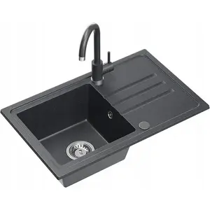 Granite sink No name BEN 111 70x44 cm black dotted with fixed-spout black faucet and steel siphon
