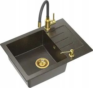 Sink Steiner ART JOHNNY 116 (60x44x18.5 cm) GraniteQ Art Gold Black Pearl with manual siphon, Maggie faucet and dispenser - black gold opalization