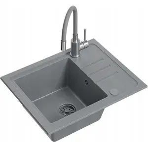 Granite sink No name BEN 116 55x44 cm silver stone with grey faucet, flexible spout, grey siphon and grey cover