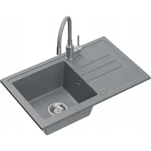 Granite sink No name BEN 111 70x44 cm silver stone with grey faucet, flexible spout and stainless siphon