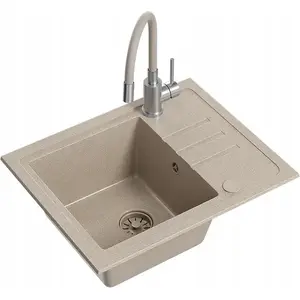 Granite kitchen sink BEN 116 river sand 55x44 cm with beige faucet, flexible spout, beige siphon and cover