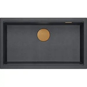 GraniteQ LOGAN 110 granite sink 1-bowl 76×44×23.5 cm black diamond built-in with manual copper siphon
