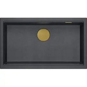 GraniteQ LOGAN 110 granite sink 1-bowl inset black diamond 76×44×23.5 cm with manual golden siphon