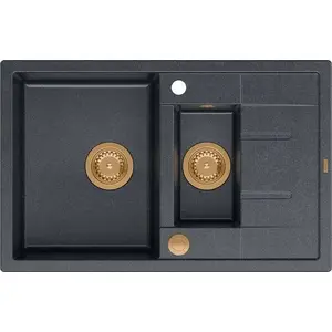 GraniteQ sink MORGAN 156 black diamond 1.5-bowl round with Push To Open siphon, copper elements