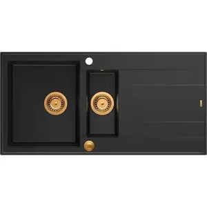 Kitchen sink GraniteQ EVAN 156 1.5-bowl granite sink with Push To Open siphon 1000x500x210 mm pure carbon