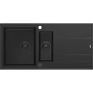 Sink GraniteQ EVAN 156 1.5-bowl granite sink with Push To Open siphon, 1000x500x210 mm, bowl 420x480 mm, pure carbon