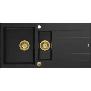Kitchen sink GraniteQ EVAN 156 1.5-bowl granite sink with push-to-open siphon 1000×500×210 mm (bowl 420×480) pure carbon with gold elements