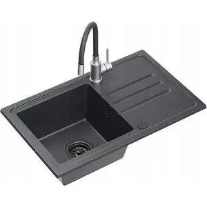 Granite Kitchen Sink No name BEN 111 70x44 cm black dotted with black faucet, flexible spout, black strainer and black cover