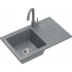Granite sink No name BEN 111 70x44 cm silver stone with fixed-spout grey faucet and stainless siphon