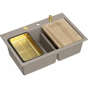 GraniteQ kitchen sink MARC 120 Workstation 2-bowl 760×500×235 mm soft taupe with push-to-open siphon, dispenser, cutting board, golden insert elements