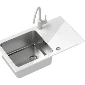 Kitchen sink Steiner Hugh 111 single-bowl stainless steel with white glass countertop and faucet