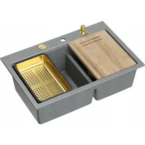 Kitchen sink GraniteQ MARC 120 Workstation 2-bowl 760×500×235 mm silver stone with push-to-open waste, dispenser, cutting board, insert, gold elements