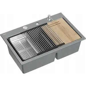 Kitchen sink GraniteQ MARC 120 WORKSTATION 2-bowl 760×500×235 mm silver stone with push-to-open waste, steel dispenser, drainer insert, Qmata
