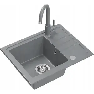 Granite Kitchen Sink BEN 116 silver stone 55x44 cm with fixed-spout grey faucet and stainless siphon