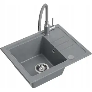 Granite sink BEN 116 silver stone 55x44 cm with grey faucet and flexible spout, stainless steel siphon and cover