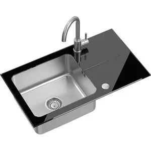 Kitchen sink Steiner HUGH 111 single-bowl stainless steel with black glass countertop (770x440/R35) + KATE SteelQ brushed steel faucet