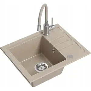 Granite kitchen sink No name BEN 116 river sand 55x44 cm with beige flexible-spout faucet and steel siphon
