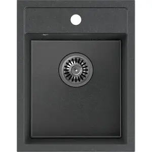 Sink QUADRON JOHNNY 90 Steingran granite 1-bowl with overflow and drainer (39x50x20 cm), black, includes stainless steel siphon