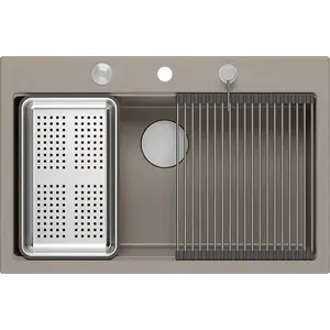 GraniteQ granite sink MARC single-bowl 76×50 cm in soft taupe with stainless steel fittings