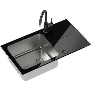Kitchen sink Steiner Hugh 111 single-bowl stainless steel with black glass countertop and faucet