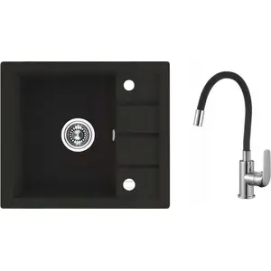 Virtuves izlietne Laveo SBPE713Y granīts 1 bļoda ar noteci 57x49,5 cm melna ar sifonu un jaucējkrānu Elza