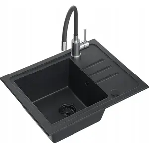 Granite sink BEN 116 black dotted 55x44 cm with black flexible-spout faucet, black siphon and black cover