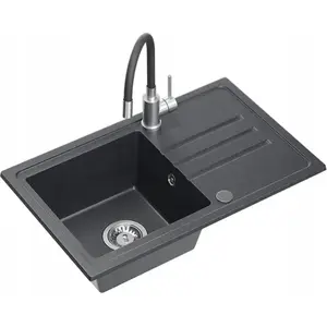 Granite kitchen sink BEN 111 black dotted 70x44 cm with black flexible-spout faucet and stainless siphon