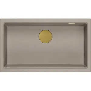 Kitchen sink GraniteQ LOGAN 110 1-bowl inset 76×44×23.5 cm soft taupe with manual gold siphon