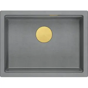 GraniteQ LOGAN 100 granite sink silver stone 59.5x45.1x21.5 cm single-bowl undermount with manual golden siphon