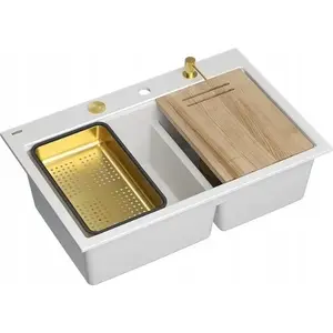 GraniteQ MARC 120 Workstation 2-compartment sink 760×500×235 mm snow white with push-to-open siphon, dispenser, cutting board, gold elements