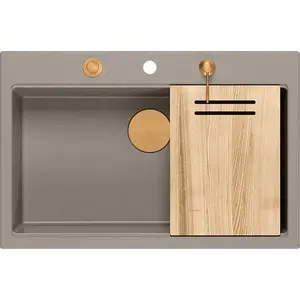 GraniteQ granite sink MARC single-bowl 76x50 cm in soft taupe with Nano copper PVD finish