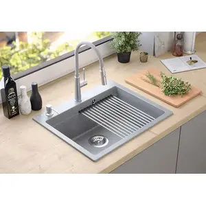 Granīta izlietne Steiner KURT 110 WORKSTATION 1 bļoda soft taupe 59,5x50x21,5 cm ar sifonu, dozatoru, Qmata un dēli