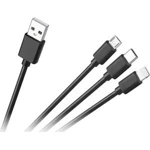 USB kabelis Cabletech KPO3945 — USB-A uz USB-C, microUSB un Lightning, 1,2 m, melns
