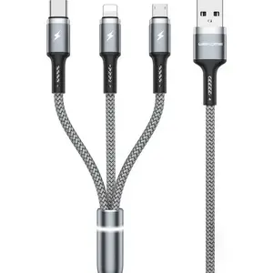 Datu kabelis WEKOME WK-WDC-119 — USB-A uz USB-C, microUSB un Lightning, 1.2 m, pelēks