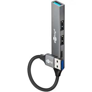 USB‑хаб GOOBAY 74458 — вход USB 3.2 Gen 1 Type‑A, порты USB 3.2 Gen 1/USB 2.0 Type‑A и USB‑C, 5000 Мбит/с, алюминий, светло‑серый